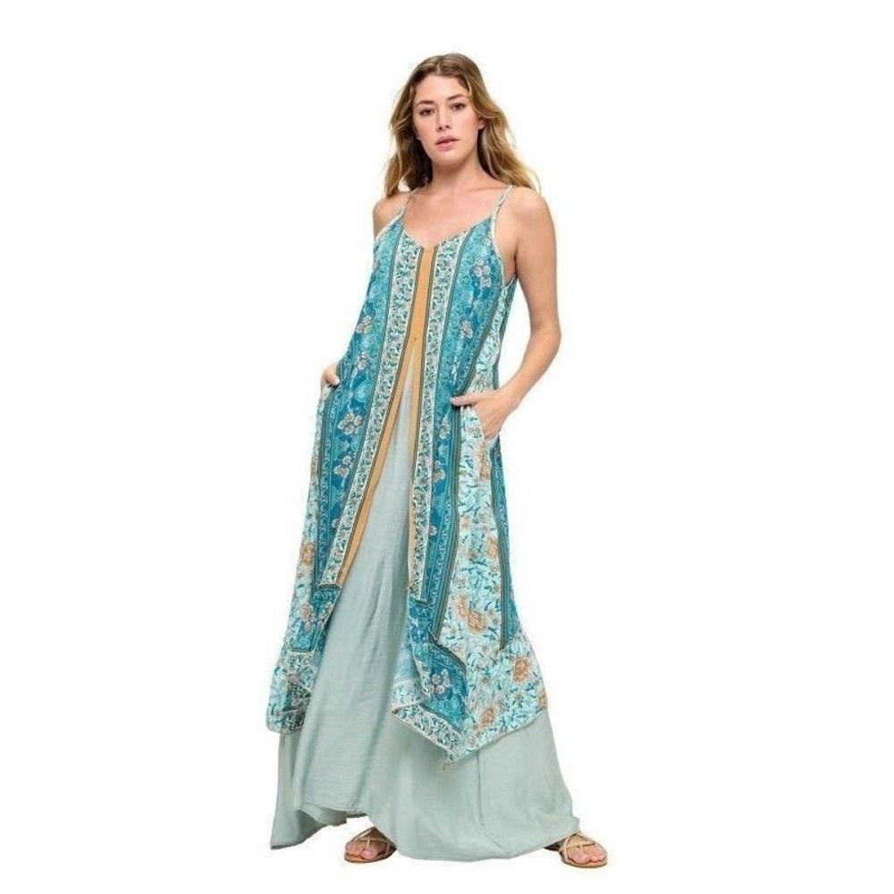 Yak & Yeti Boho Floral Layered Maxi Dress Teal Orange Medium 26321
